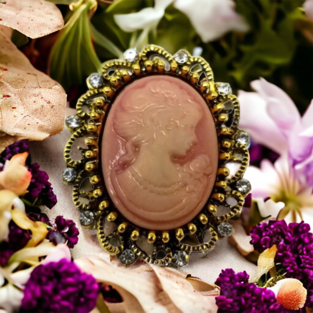 Pink Cameo Antiqued Gold Tone Rhinestone Brooch